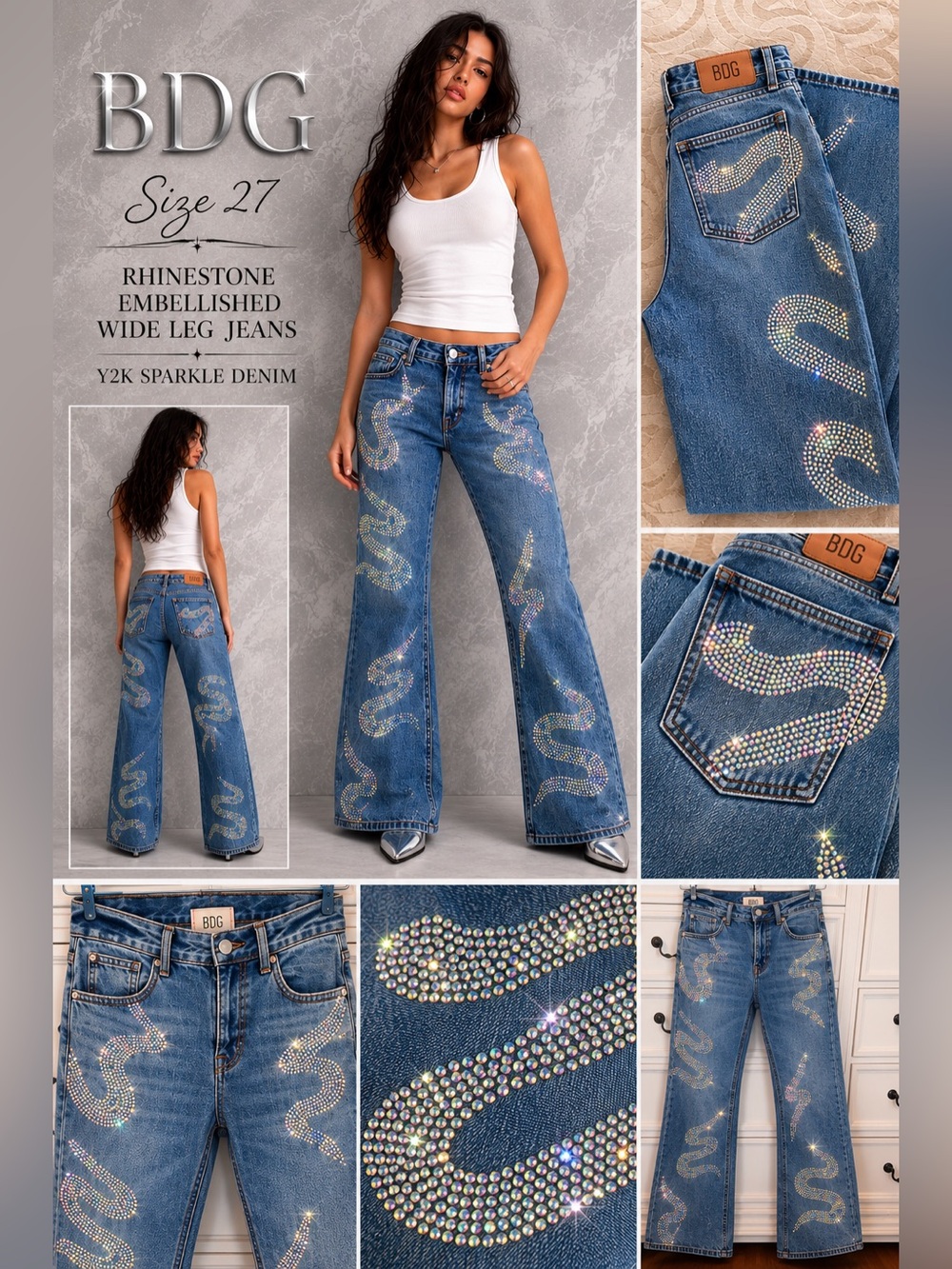 BDG Rhinestone Embellished Wide Leg Jeans Y2K Sparkle Denim